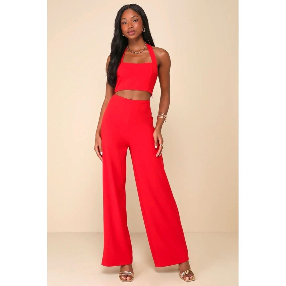 New Lulus Red 2-Piece Halter Crop Top & Wide-Leg Pants Set Women’s M